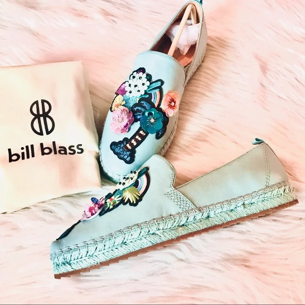 Bill Blass Sutton Espadrille Aqua Leather Sequin Floral Flats NWT SZ 8 Dopamine